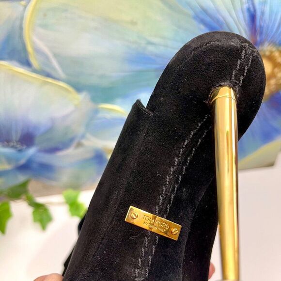 Tom Ford Black Suede Peep-Toe Mules With Gold Stiletto Heel Size 35 - Picture 10 of 12